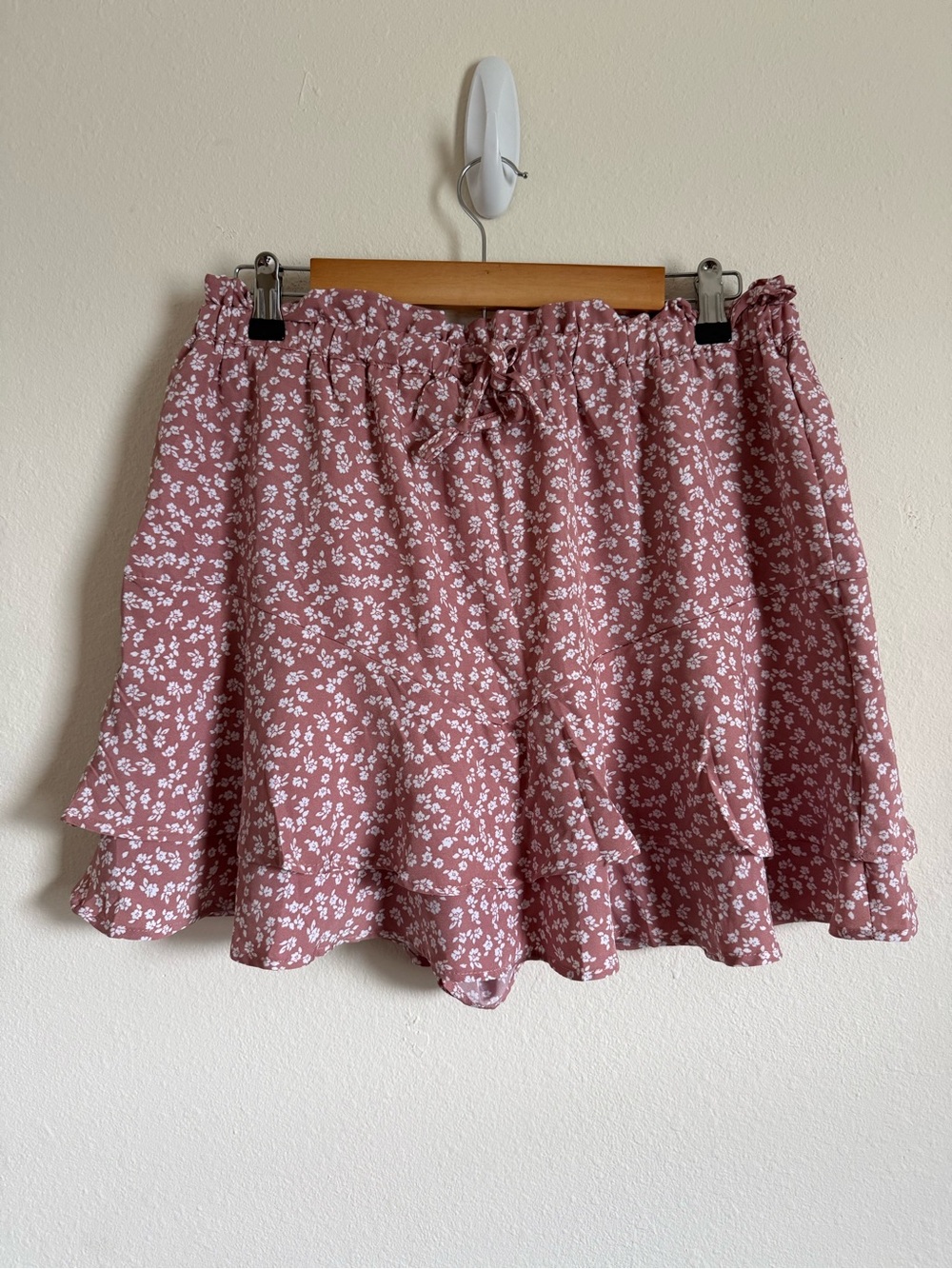 Dusty Rose Floral Ruffle Mini Skirt with Tie Waist